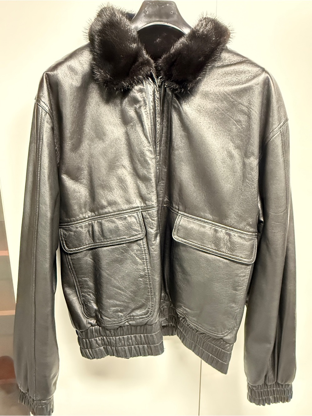 Men's Black Leather Bomber Jacket with Mink Fur full lining